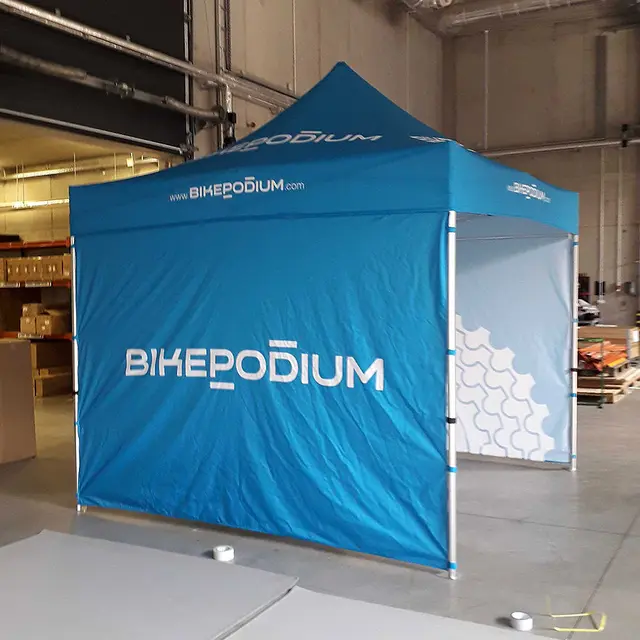 Mėlyna reklaminė palapinė su stogo ir sienų spauda
